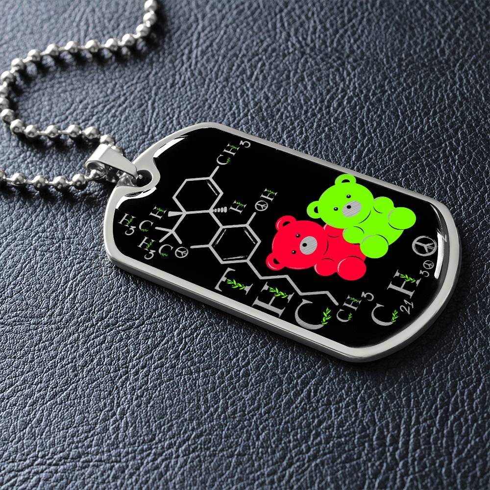 an elegant silver pendant periodic table THC Bear Necklace. Colors are silver, black, Green and Red. This jewelry offers personalization with an engraving option for a name.