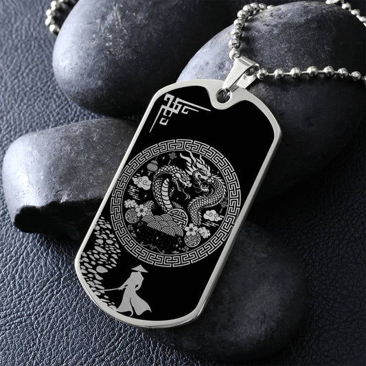 an elegant Silver pendant Snake and Year of The Dragon Necklace. Colors are silver and black. This jewelry offers personalization with an engraving option for a name.