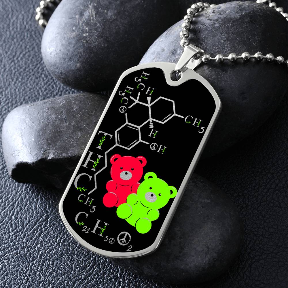 an elegant silver pendant periodic table THC Bear Necklace. Colors are silver, black, Green and Red. This jewelry offers personalization with an engraving option for a name.