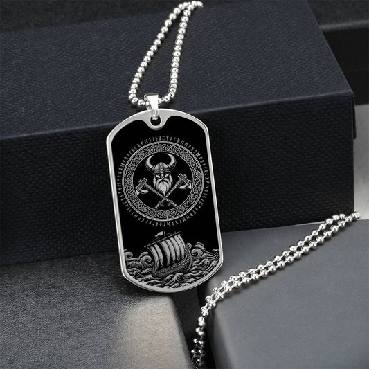 Gift box with an elegant Silver pendant Viking Necklace. Colors are silver and black. This jewelry offers personalization with an engraving option for a name.