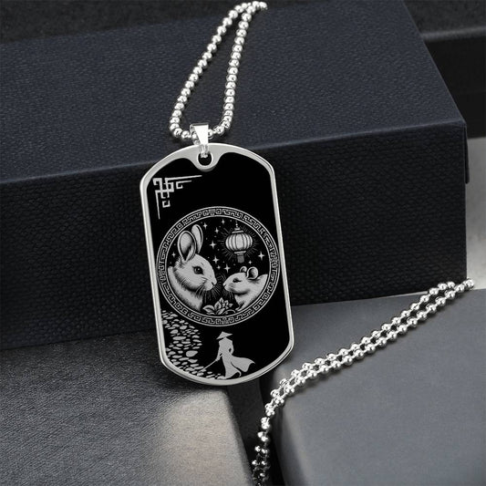 Gift box with an elegant Silver pendant Rat and Year of The Rabbit Necklace. Colors are silver and black. This jewelry offers personalization with an engraving option for a name.