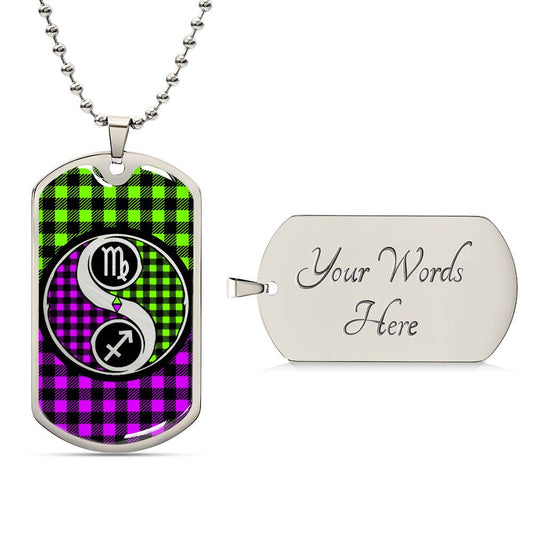 an elegant silver Dogtag pendant Zodiac Necklace. This jewelry offers personalization with an engraving option for a name.