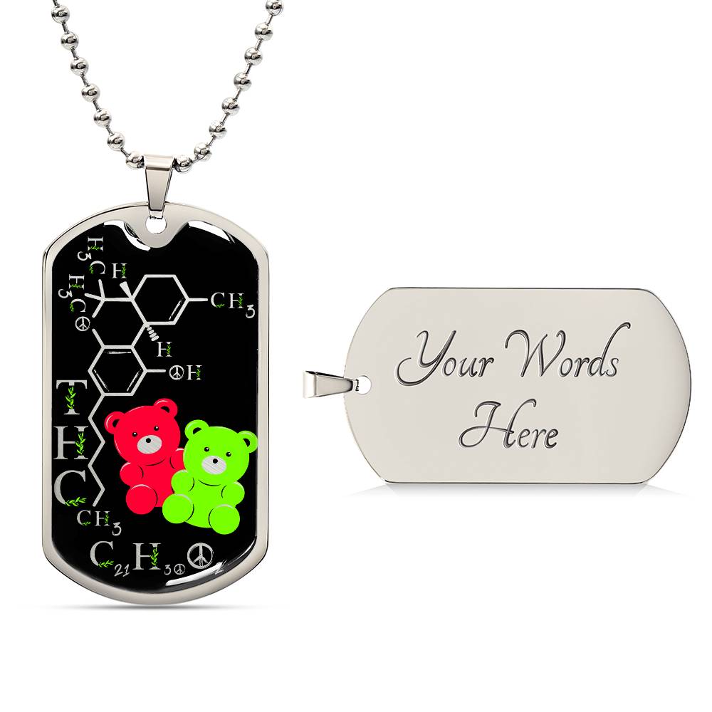 an elegant silver pendant periodic table THC Bear Necklace. Colors are silver, black, Green and Red. This jewelry offers personalization with an engraving option for a name.