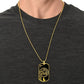 Man wearing an elegant gold pendant Snake and Year of The Dragon Necklace. Colors are gold and black. This jewelry offers personalization with an engraving option for a name.