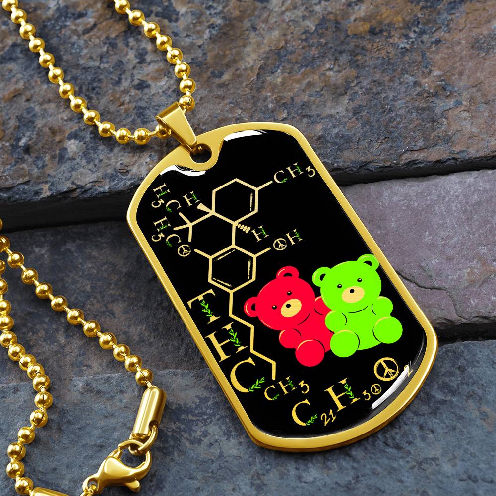 an elegant gold pendant periodic table THC Bear Necklace. Colors are real gold, black, Green and Red. This jewelry offers personalization with an engraving option for a name.