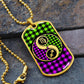 an elegant gold Dogtag pendant Zodiac Necklace. This jewelry offers personalization with an engraving option for a name.