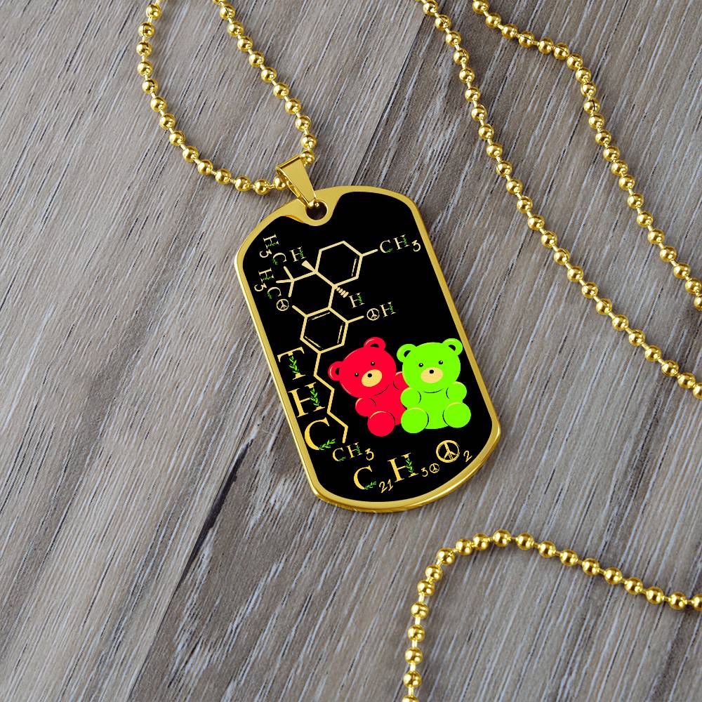 an elegant gold pendant periodic table THC Bear Necklace. Colors are real gold, black, Green and Red. This jewelry offers personalization with an engraving option for a name.