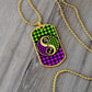 an elegant gold Dogtag pendant Zodiac Necklace. This jewelry offers personalization with an engraving option for a name.