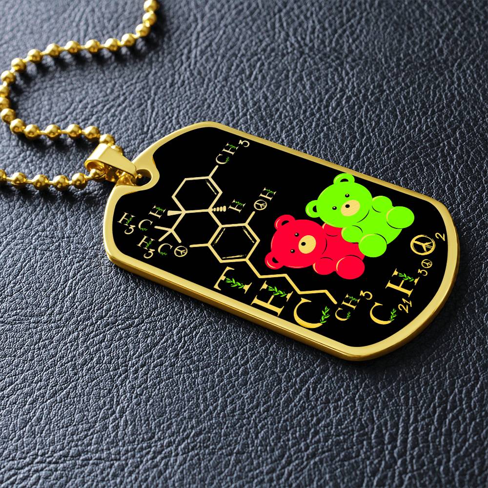 an elegant gold pendant periodic table THC Bear Necklace. Colors are real gold, black, Green and Red. This jewelry offers personalization with an engraving option for a name.