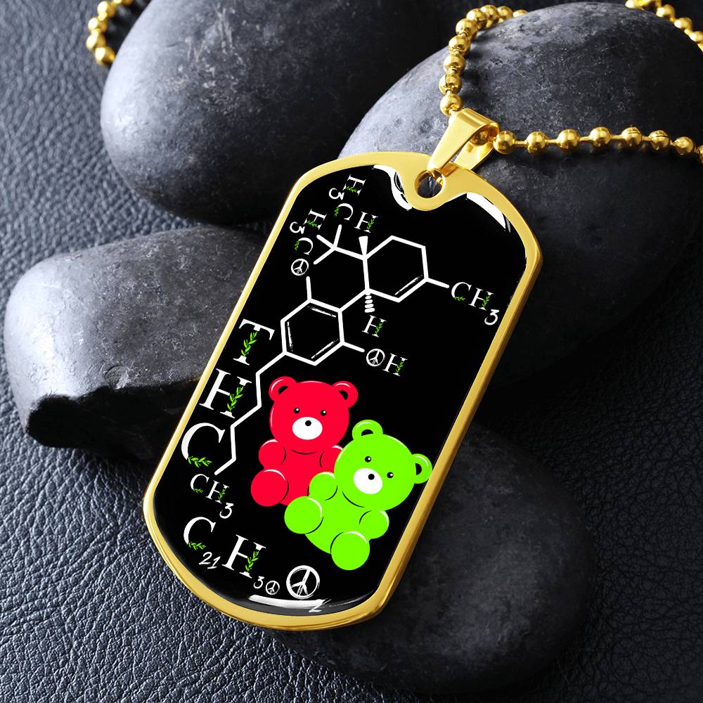 an elegant gold pendant periodic table THC Bear Necklace. Colors are real gold, black, Green and Red. This jewelry offers personalization with an engraving option for a name.