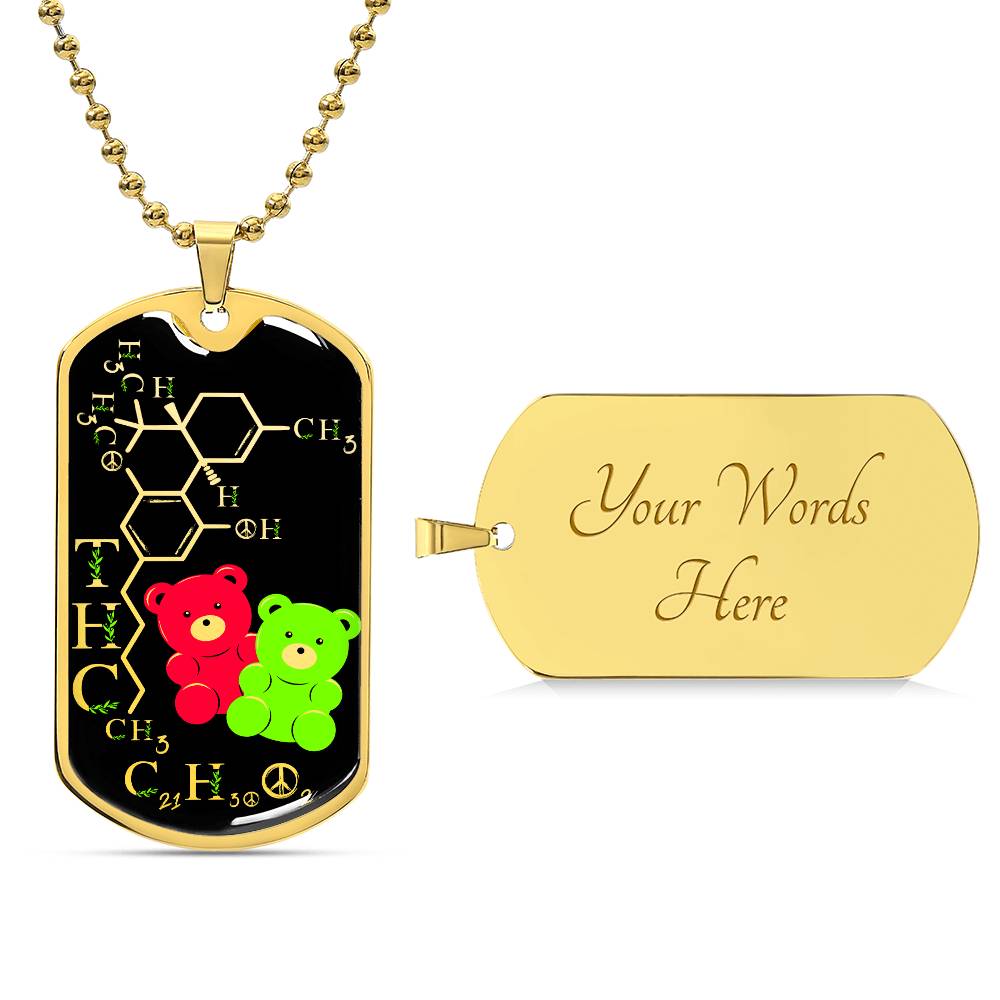 an elegant gold pendant periodic table THC Bear Necklace. Colors are real gold, black, Green and Red. This jewelry offers personalization with an engraving option for a name.