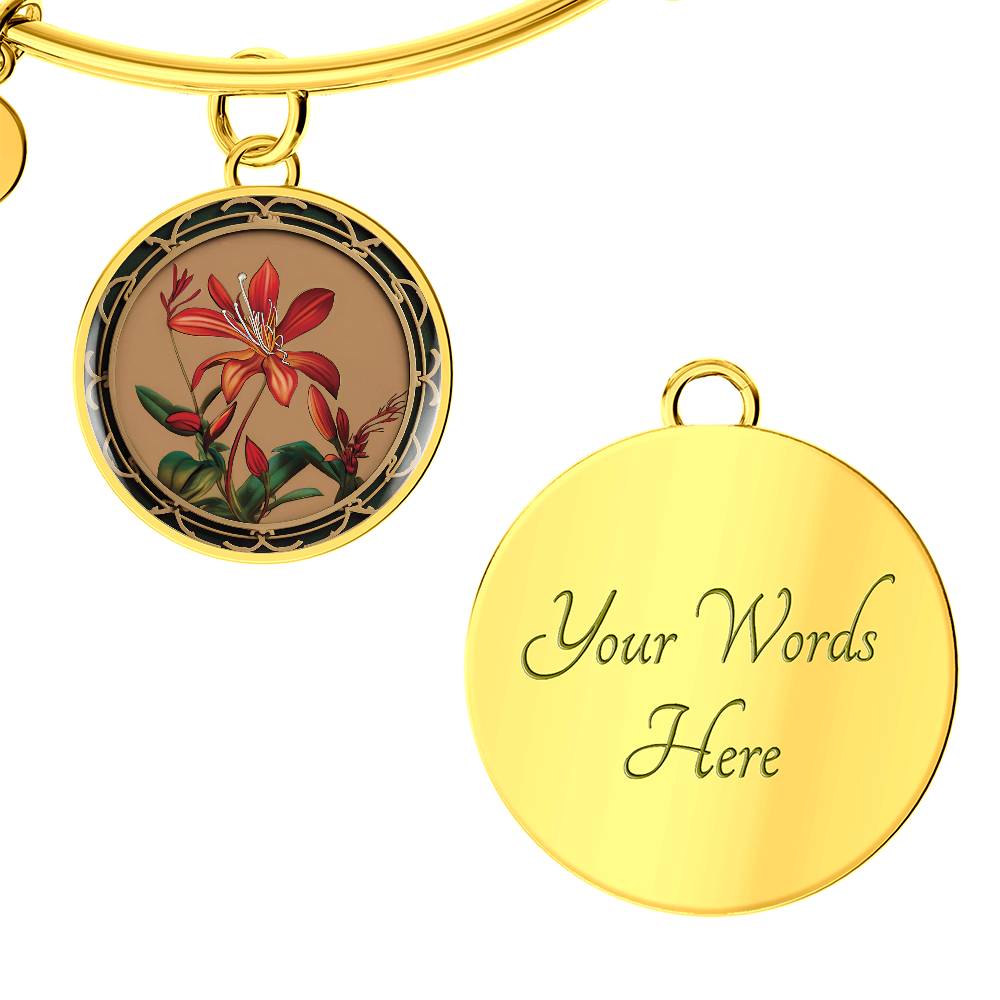 an elegant gold pendant Honeysuckle Bracelet, Junes birth month flower, Colors are Tan, Red, Green and black. This necklace offers personalization with an engraving option for a name.