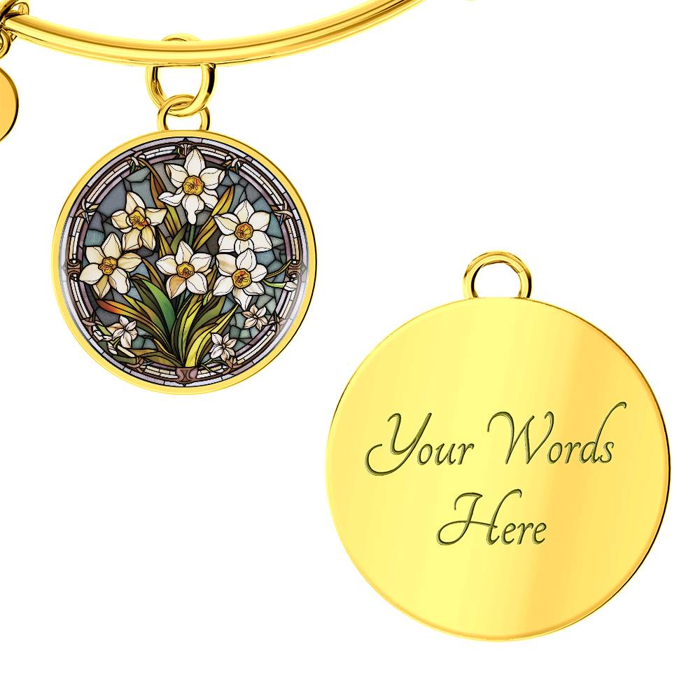 Jonquil Bracelet, Personalized March Birth Month Flower Jewelry, Engraved Gold Floral Charm Pendant Valentines & Mothers Day Gift For Her