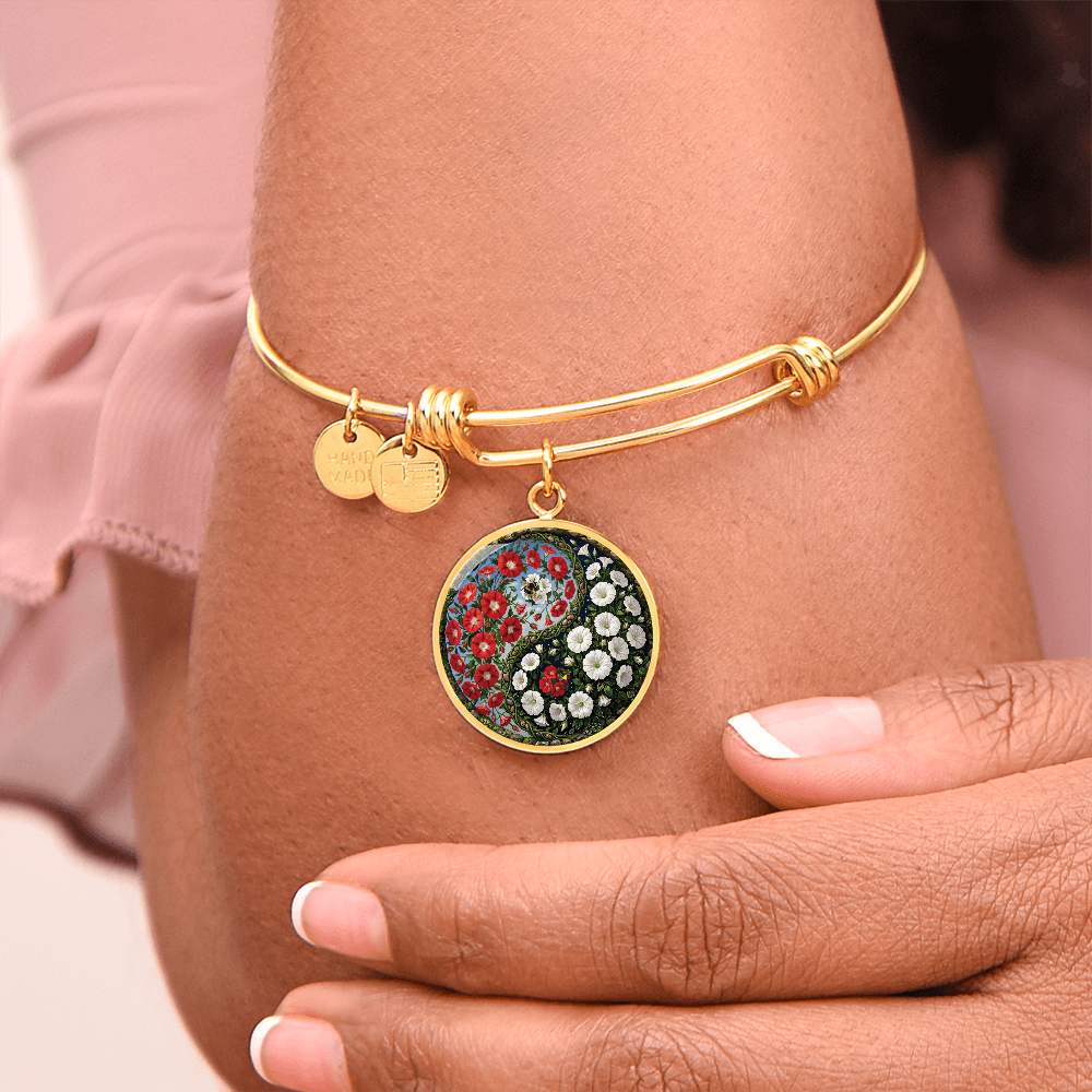 Red and White Morning Glory Yin Yang Bracelet - September Birth Month Flower Pendant Jewelry