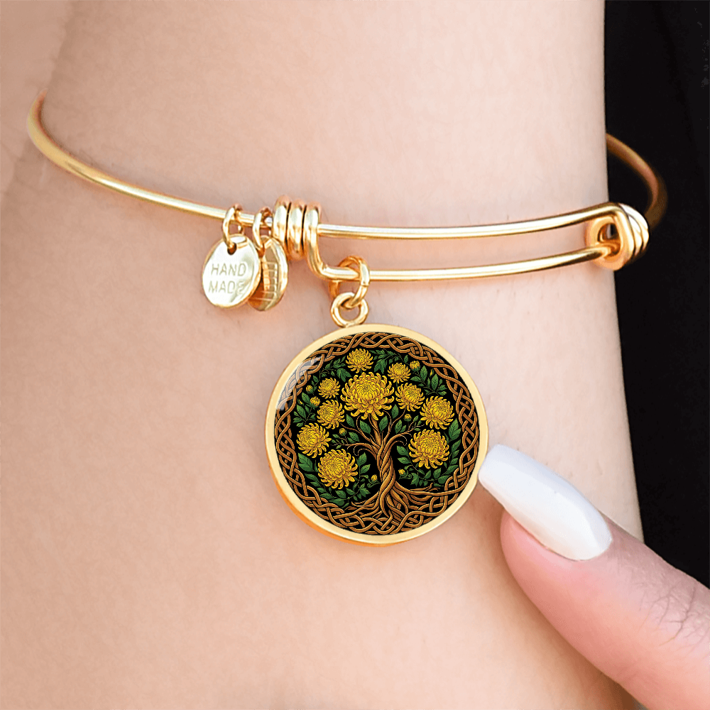 Celtic Tree of Life Pendant Bracelet - Chrysanthemum November Birth Flower Jewelry