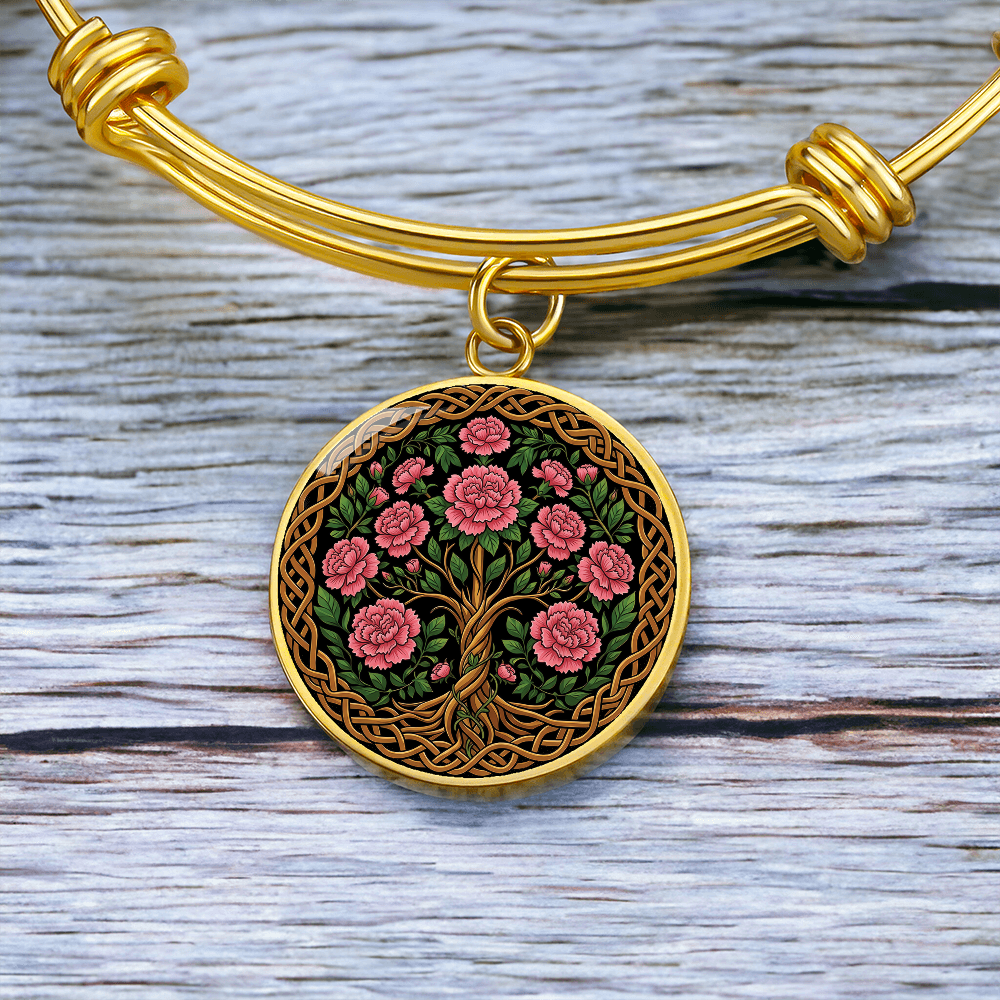 Celtic Tree of Life Pendant Bracelet - Carnation January Birth Flower Jewelry