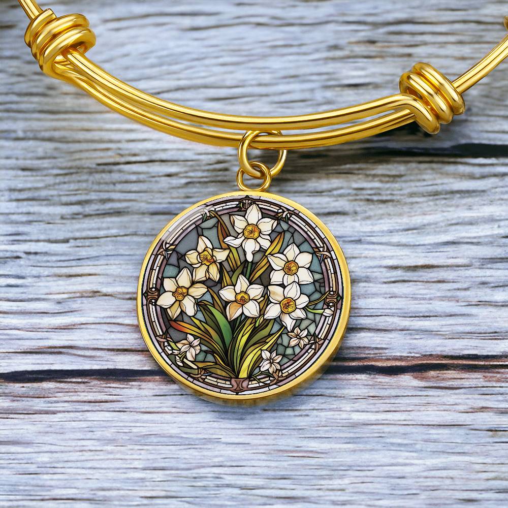 Jonquil Bracelet, Personalized March Birth Month Flower Jewelry, Engraved Gold Floral Charm Pendant Valentines & Mothers Day Gift For Her