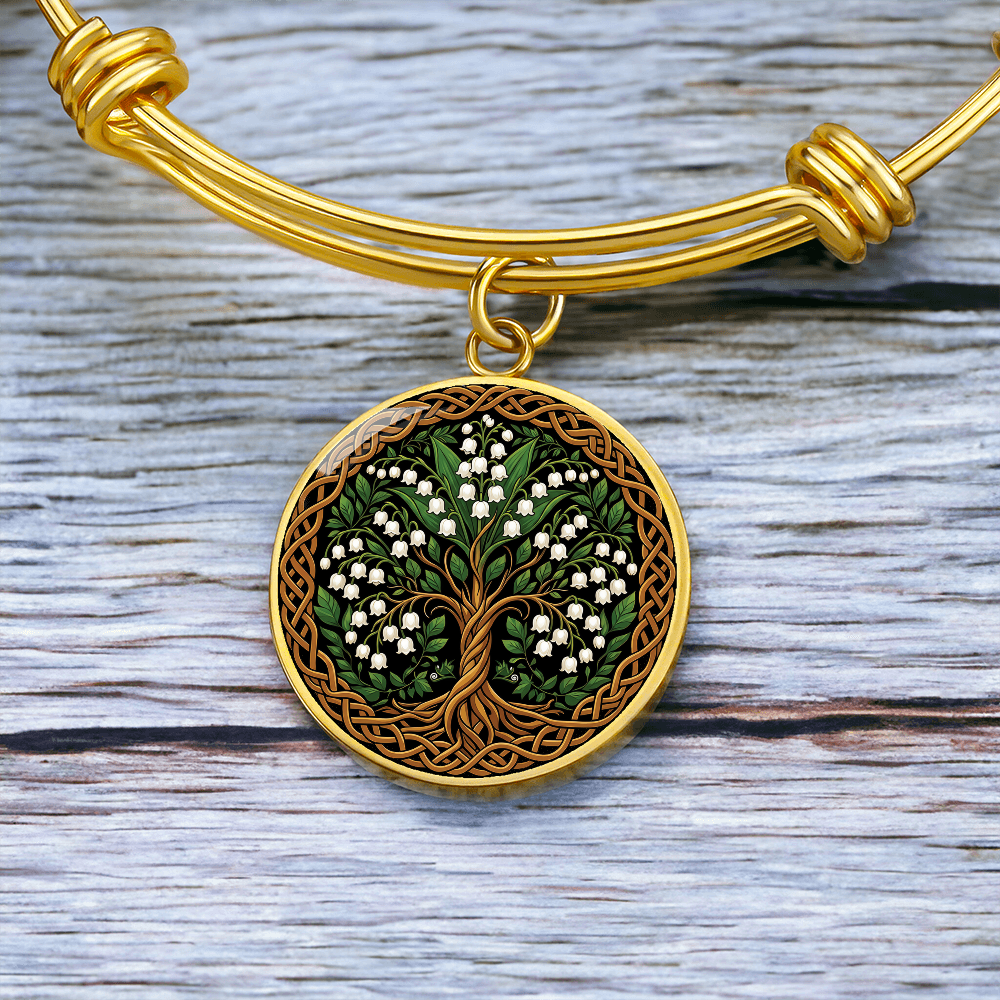 Celtic Tree of Life Pendant Bracelet - Lily of the Valley May Birth Flower Jewelry