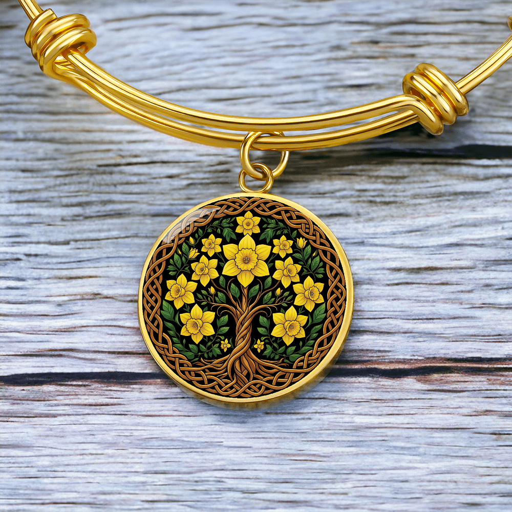 Celtic Tree of Life Pendant Bracelet - Daffodil March Birth Flower Jewelry