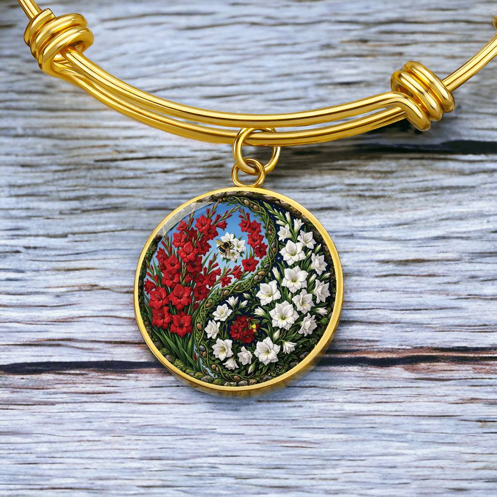 Gladiolus Yin Yang Bracelet - August Birth Month Flower Pendant Jewelry