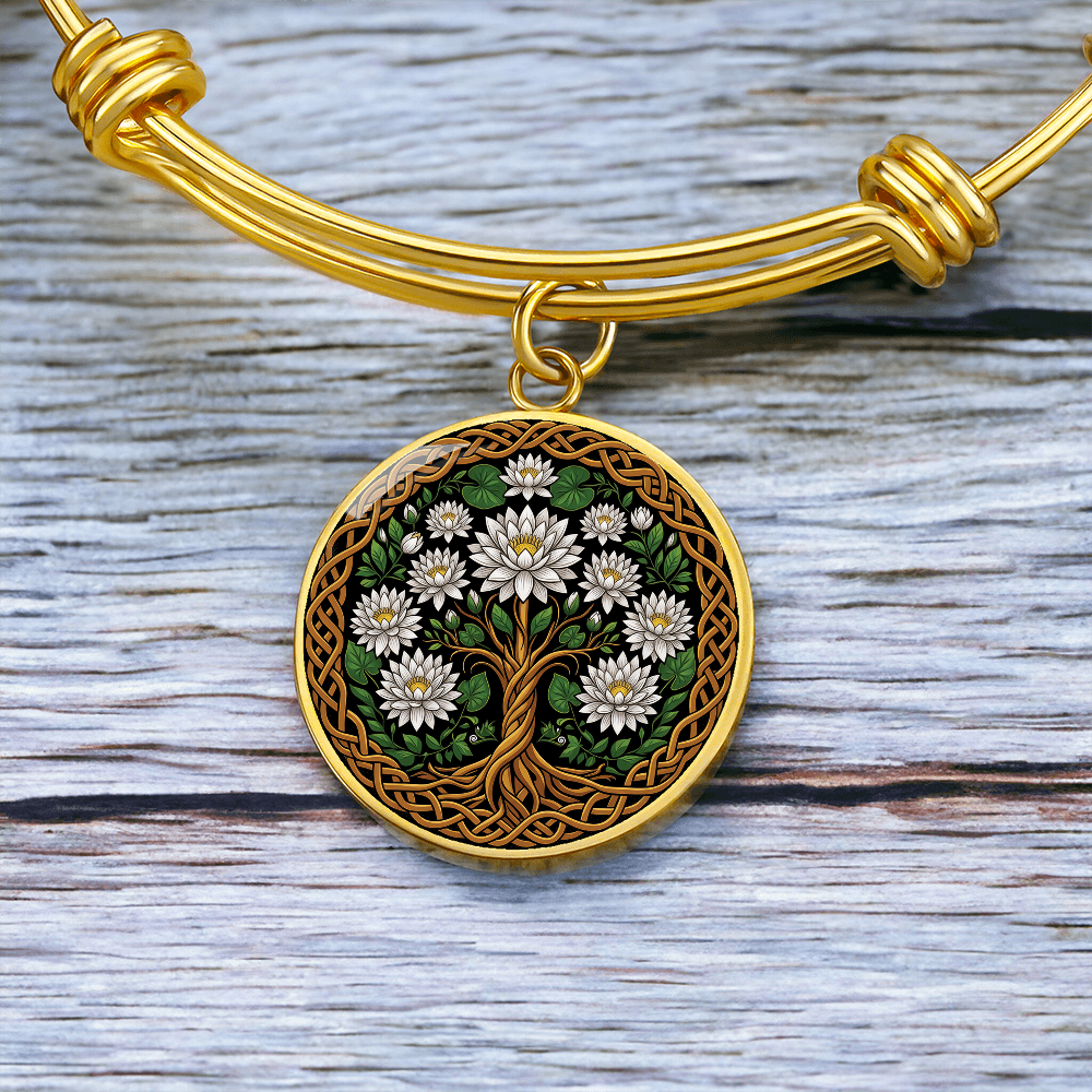 Celtic Tree of Life Pendant Bracelet - Water Lily July Birth Flower Jewelry