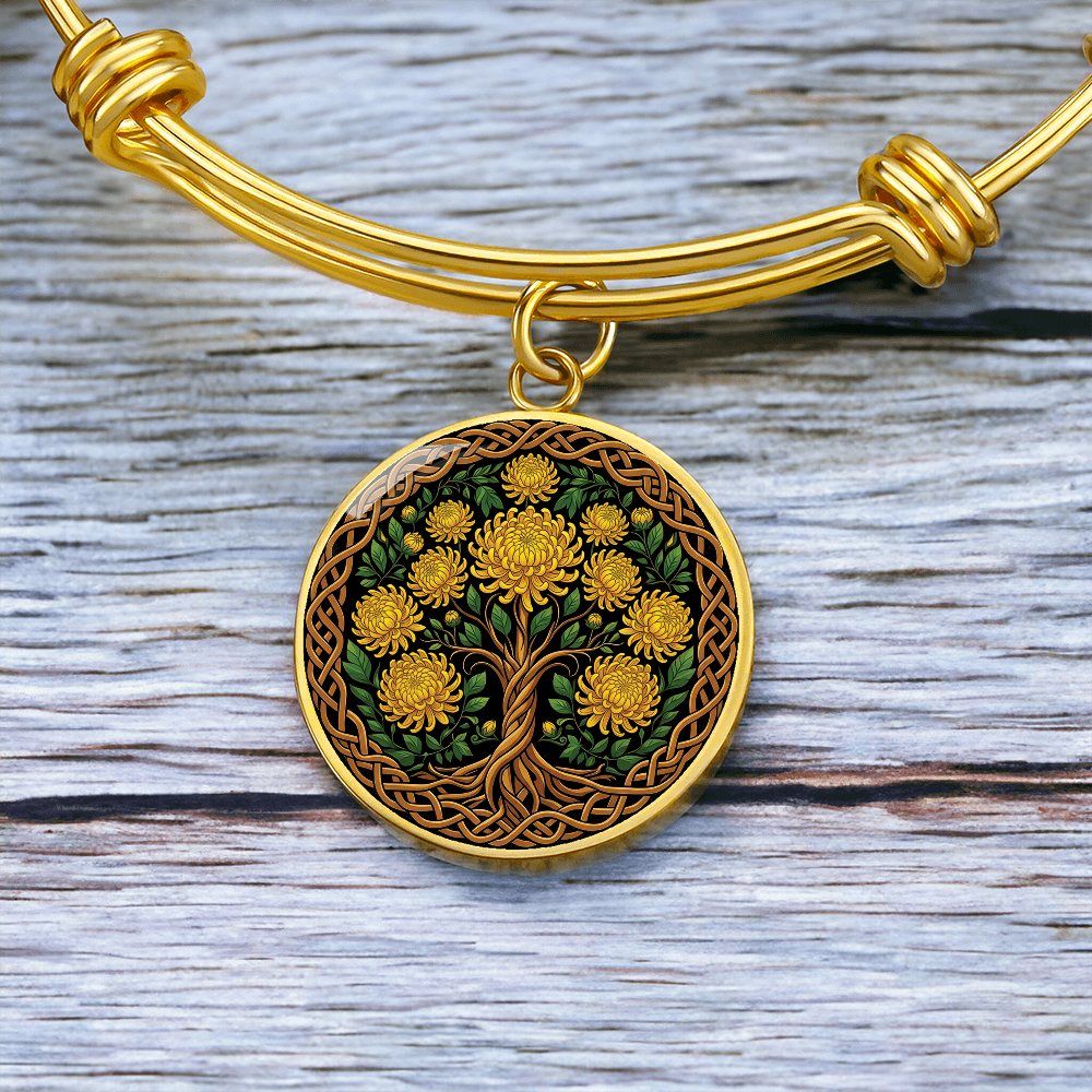 Celtic Tree of Life Pendant Bracelet - Chrysanthemum November Birth Flower Jewelry