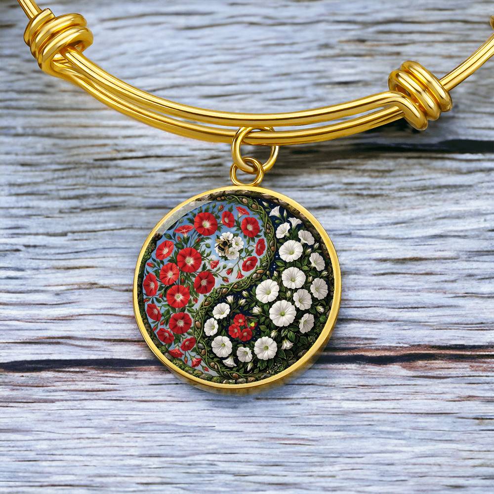 Red and White Morning Glory Yin Yang Bracelet - September Birth Month Flower Pendant Jewelry