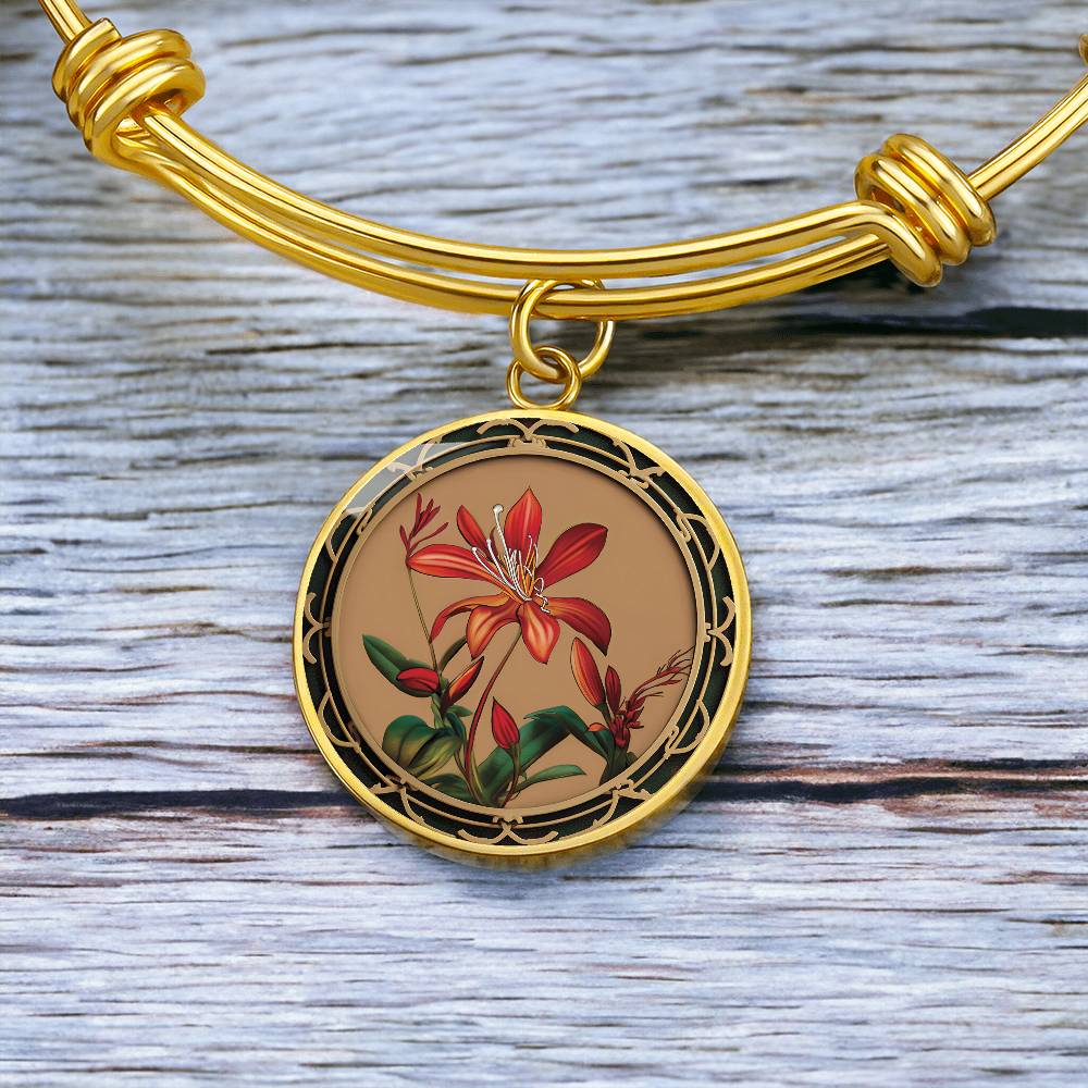 an elegant gold pendant Honeysuckle Bracelet, Junes birth month flower, Colors are Tan, Red, Green and black. This necklace offers personalization with an engraving option for a name.