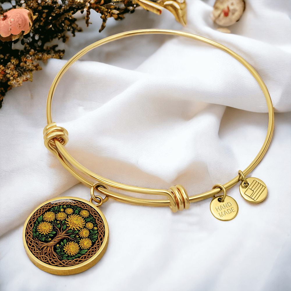 Celtic Tree of Life Pendant Bracelet - Chrysanthemum November Birth Flower Jewelry