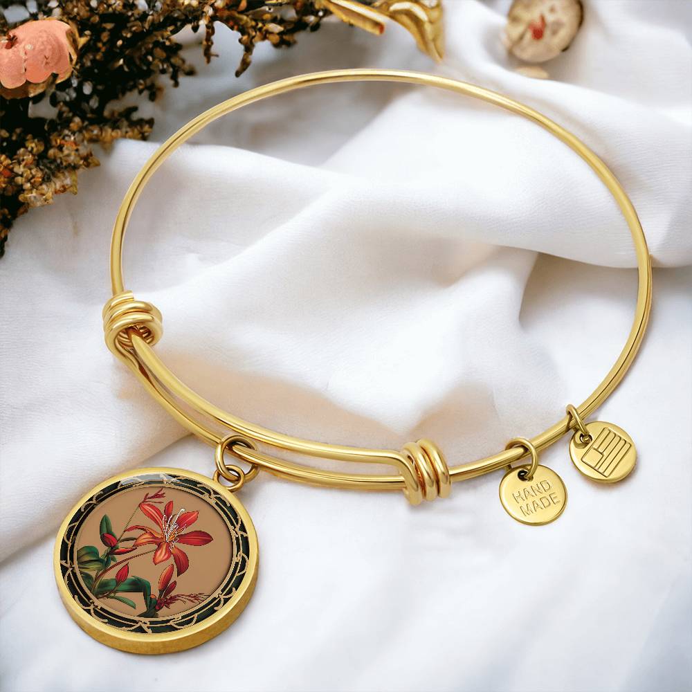 an elegant gold pendant Honeysuckle Bracelet, Junes birth month flower, Colors are Tan, Red, Green and black. This necklace offers personalization with an engraving option for a name.