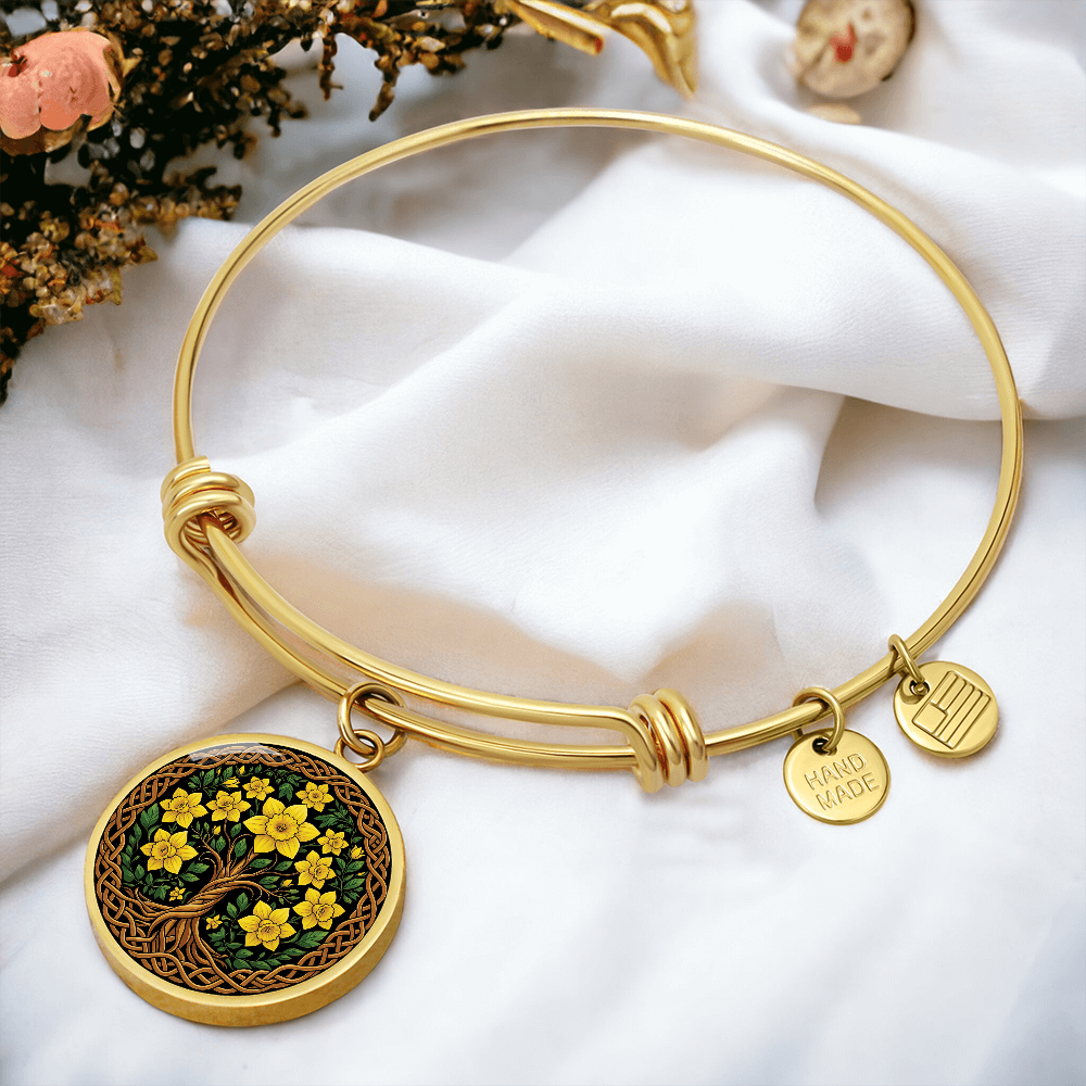 Celtic Tree of Life Pendant Bracelet - Daffodil March Birth Flower Jewelry