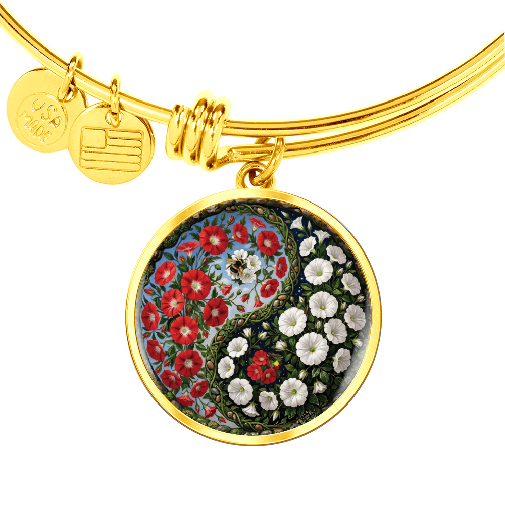 Red and White Morning Glory Yin Yang Bracelet - September Birth Month Flower Pendant Jewelry
