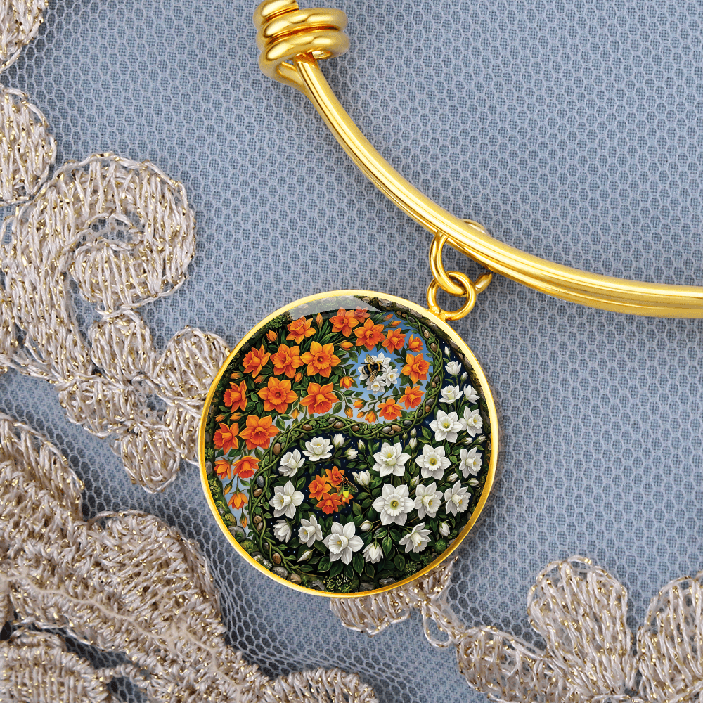 Daffodil Yin Yang Bracelet - March Birth Month Flower Pendant Jewelry