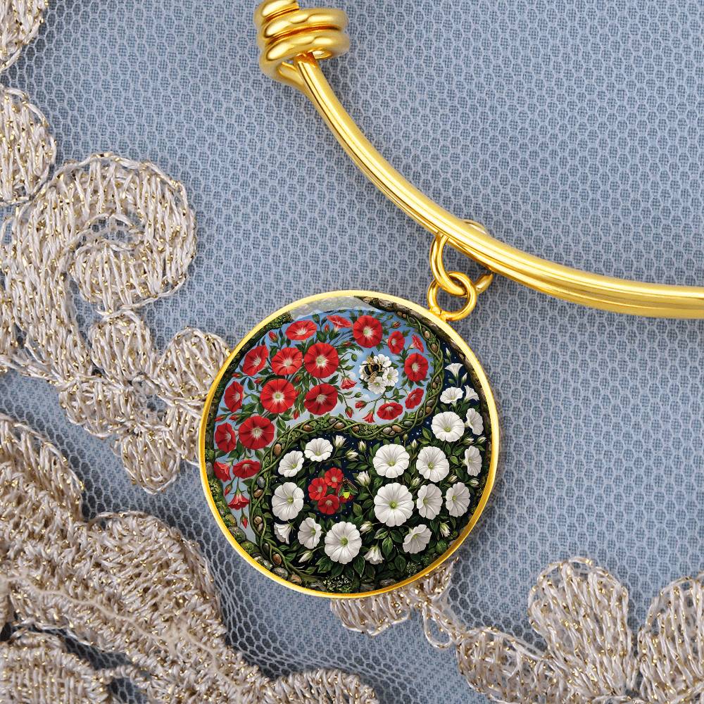 Red and White Morning Glory Yin Yang Bracelet - September Birth Month Flower Pendant Jewelry