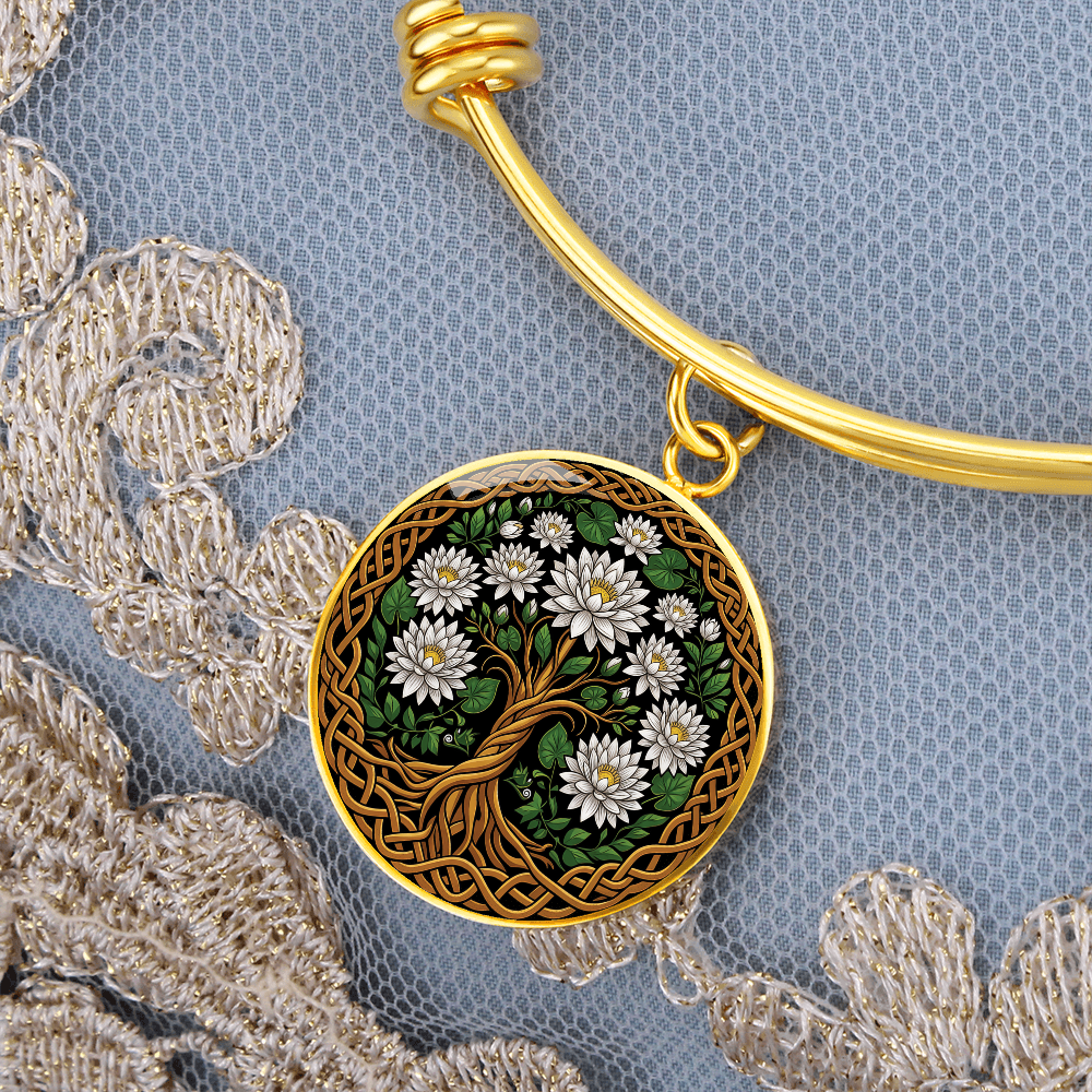 Celtic Tree of Life Pendant Bracelet - Water Lily July Birth Flower Jewelry