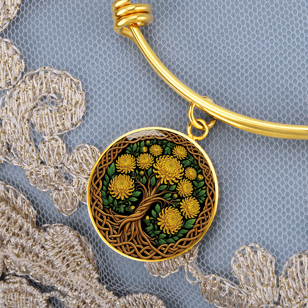 Celtic Tree of Life Pendant Bracelet - Chrysanthemum November Birth Flower Jewelry