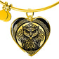 an elegant gold pendant Celtic Owl Bracelet. Colors are gold and black. This jewelry offers personalization with an engraving option for a name.
