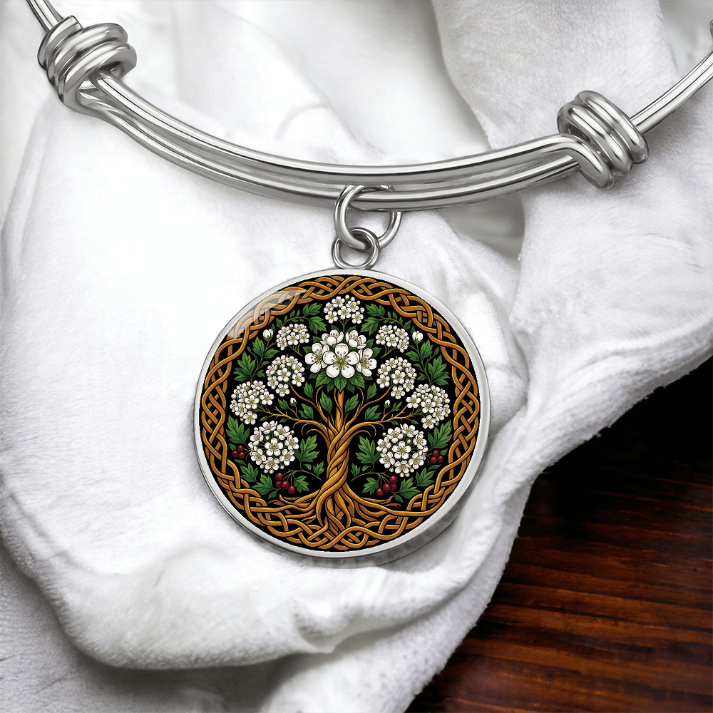 Celtic Tree of Life Pendant Bracelet - Hawthorn May Birth Flower Jewelry