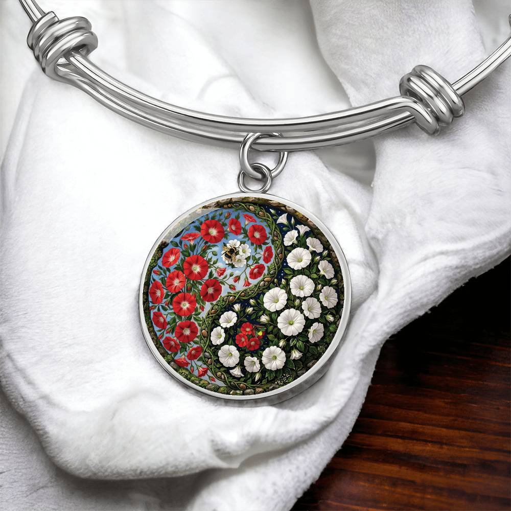 Red and White Morning Glory Yin Yang Bracelet - September Birth Month Flower Pendant Jewelry