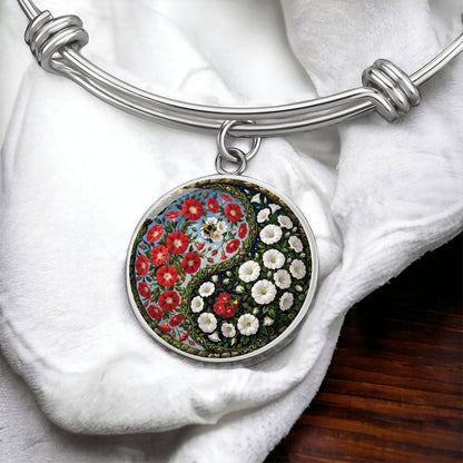 Red and White Morning Glory Yin Yang Bracelet - September Birth Month Flower Pendant Jewelry