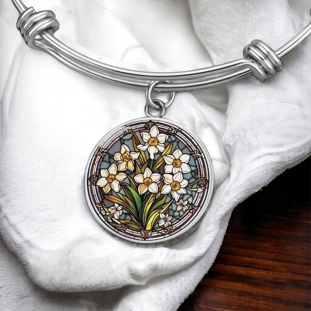 Jonquil Bracelet, Personalized March Birth Month Flower Jewelry, Engraved Gold Floral Charm Pendant Valentines & Mothers Day Gift For Her