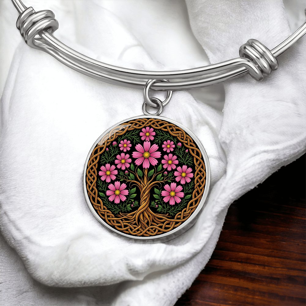 Celtic Tree of Life Pendant Bracelet - Cosmos October Birth Flower Jewelry