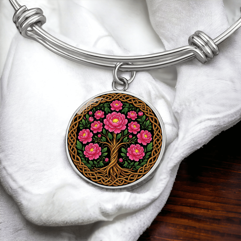 Celtic Tree of Life Pendant Bracelet - Peony November Birth Flower Jewelry