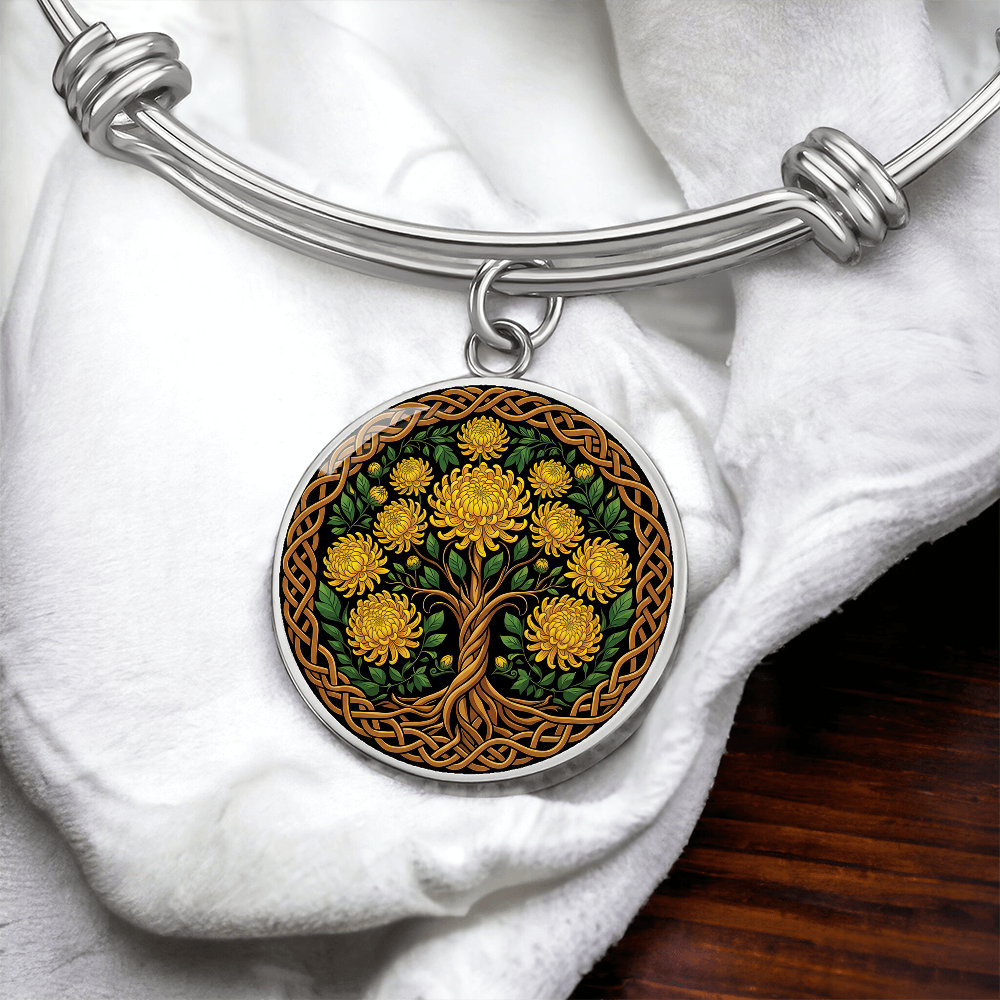 Celtic Tree of Life Pendant Bracelet - Chrysanthemum November Birth Flower Jewelry