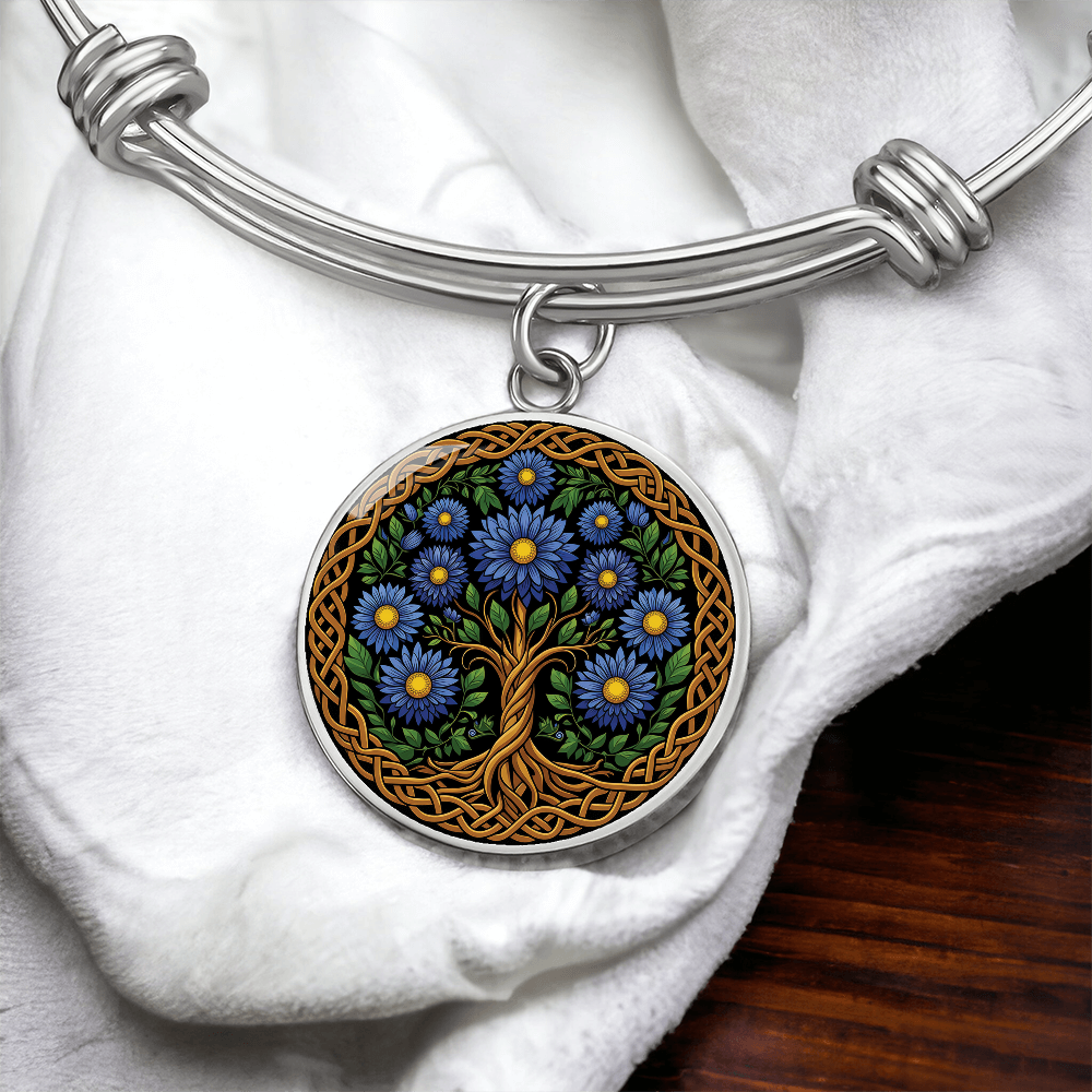 Celtic Tree of Life Pendant Bracelet - Aster September Birth Flower Jewelry