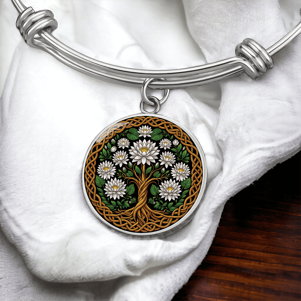 Celtic Tree of Life Pendant Bracelet - Water Lily July Birth Flower Jewelry