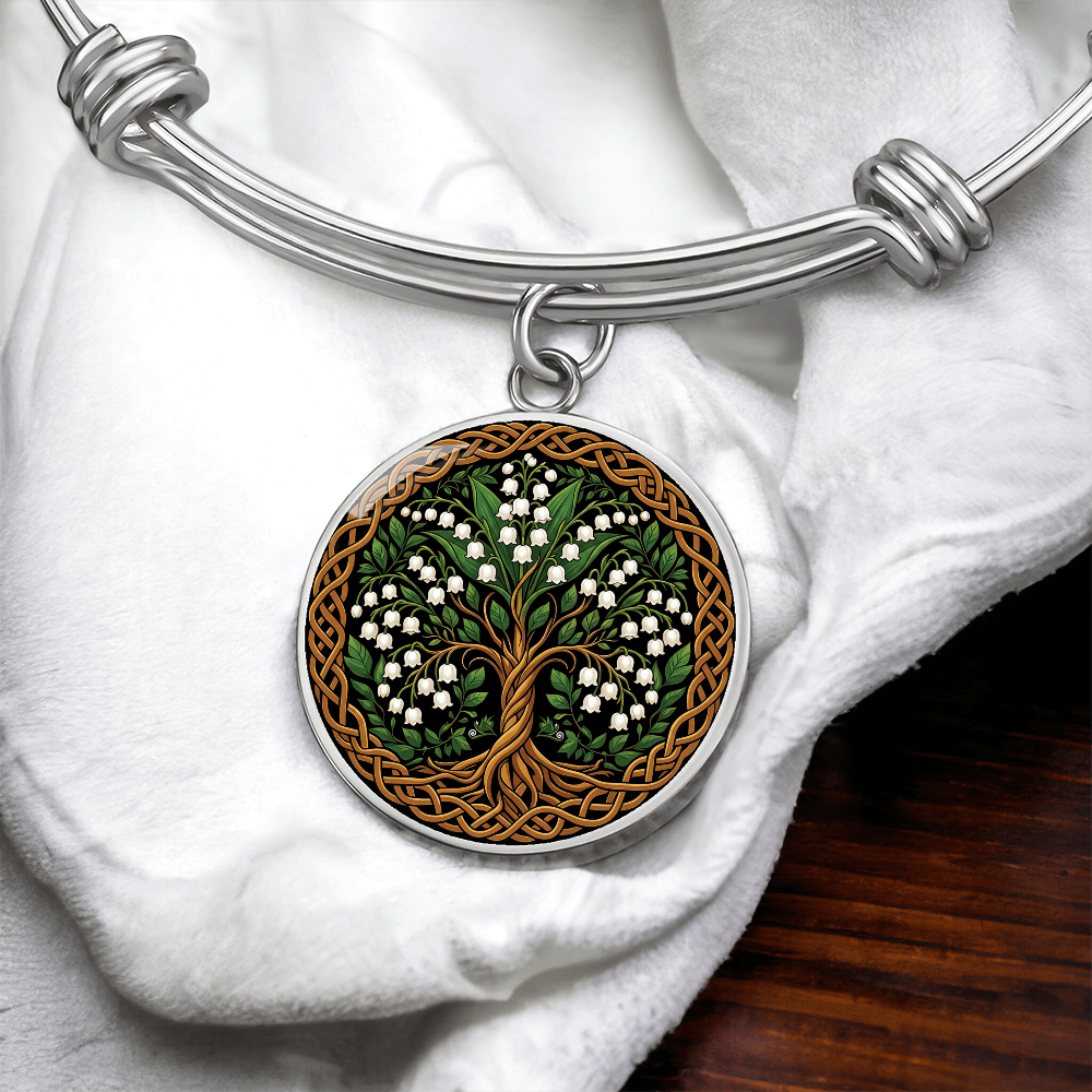 Celtic Tree of Life Pendant Bracelet - Lily of the Valley May Birth Flower Jewelry