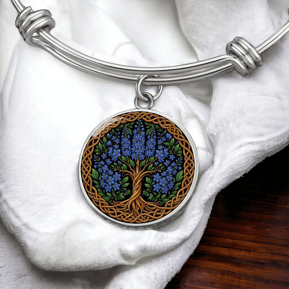 Celtic Tree of Life Pendant Bracelet - Larkspur July Birth Flower Jewelry