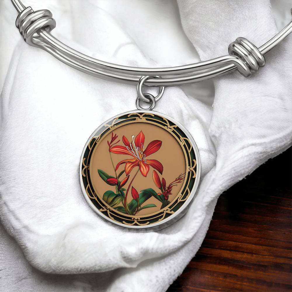 Elegant silver pendant Honeysuckle Bracelet, Junes birth month flower, Colors are Tan, Red, Green and black. This necklace offers personalization with an engraving option for a name.