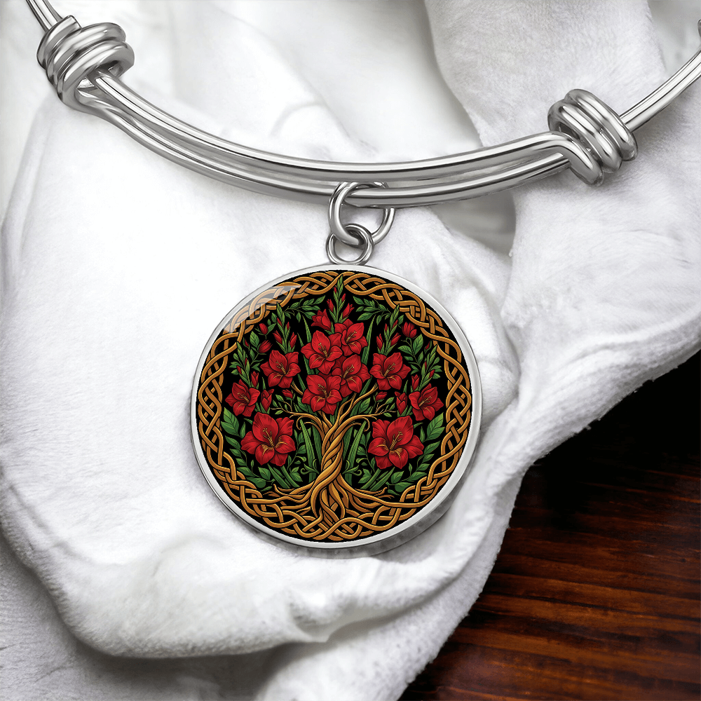Celtic Tree of Life Pendant Bracelet - Gladiolus August Birth Flower Jewelry